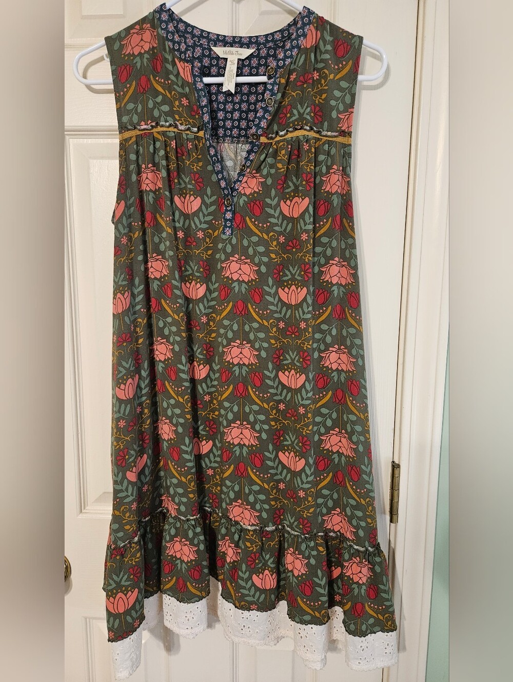 Matilda Jane Olive Sleeveless Dress with Pink Floral Pattern